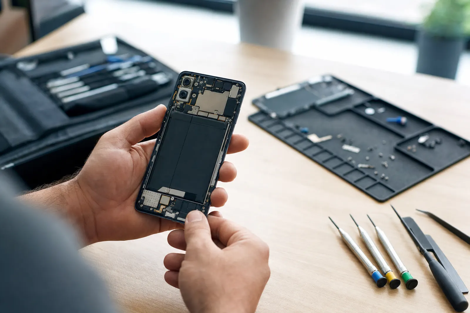 Hände halten ein geöffnetes Smartphone über einer Werkbank mit Präzisionswerkzeug