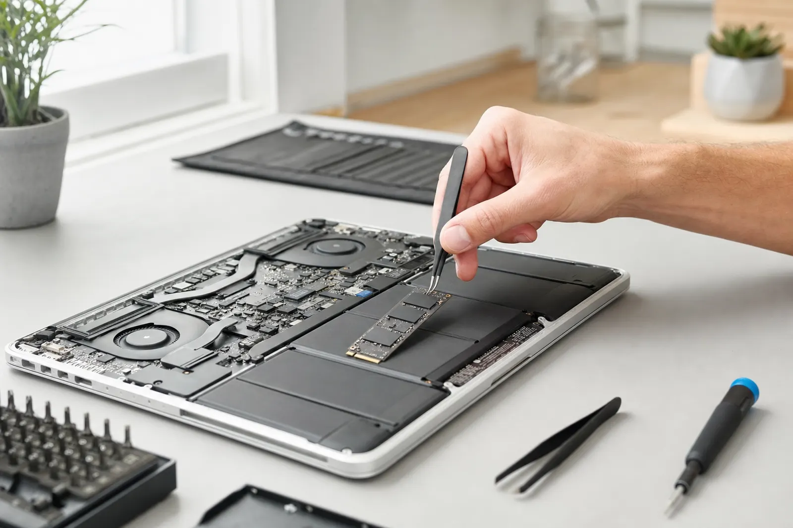 Geöffneter Laptop auf hellem Tisch, eine Hand setzt mit Pinzette eine SSD ein
