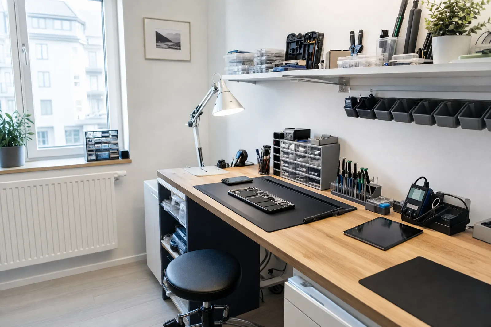 Aufgeräumte helle Reparaturwerkstatt mit Werkbank, Werkzeug und Bauteilschubladen